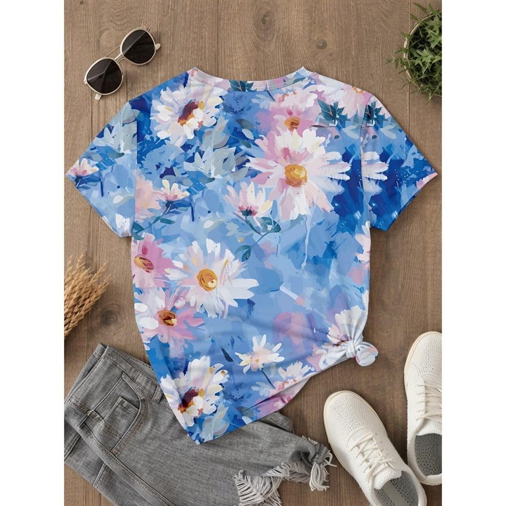 Women's T-shirts with beautiful flower 3D printing, short sleeved T-shirts, 3D printed tops, round neck shirts, women's casual summer clothing