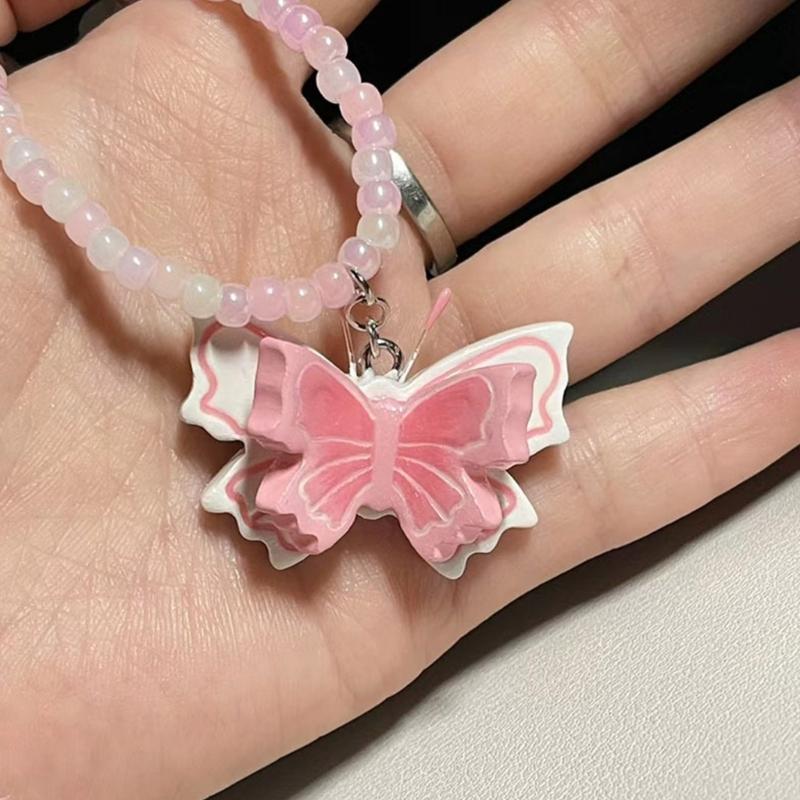 Fashion Resin Beaded Choker Sweet Butterfly Pendant Necklace Simple Collar Necklace Elegant Clavicle Chain Jewelry