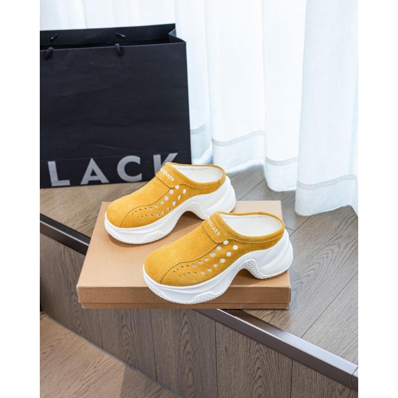 

Thick-bottomed sandals women s leather outer wear thick heel half-drag new summer hollow hole slippers 55015-7 34 жёлтый