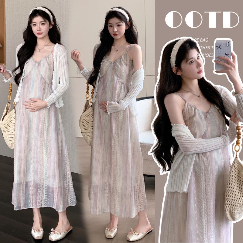Hong Kong Inspired Korean Chic Maternity Camisole Dress & Sun Protection Cardigan Set XL