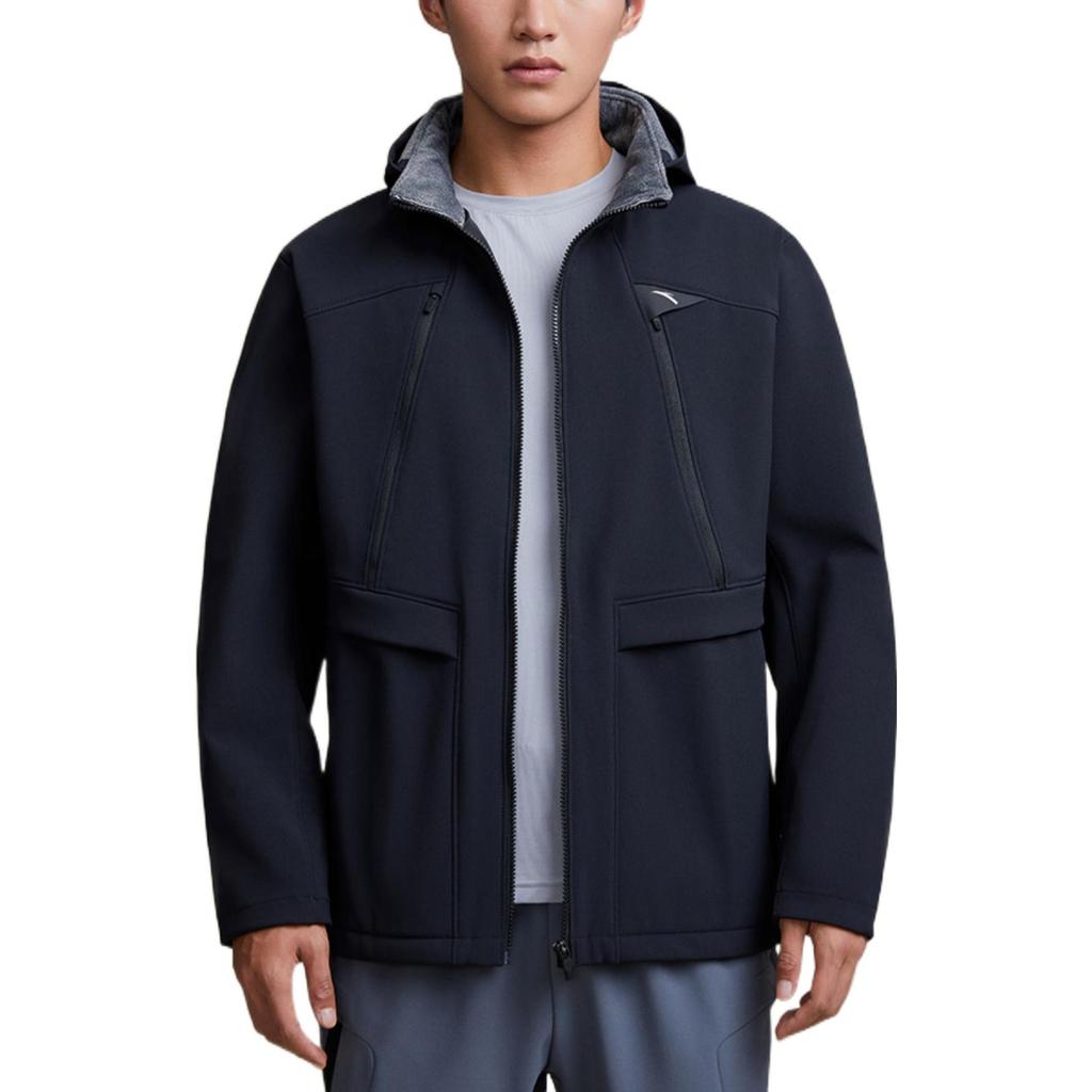 Anta Training Series Solid Color Zip-Up Hooded Windbreaker Jacket Men Jackets Black 152247602-2