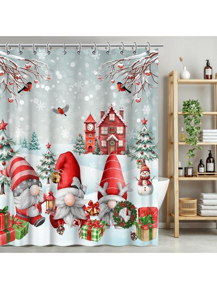 

Christmas Claus Gnomes Shower Curtain Enchanted Woodland Elves Santa Snow Xmas Tree Christmas Party Decorations WaterproofFabric 90x180CM