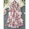 Lightly Mature Long Sleeve Bowknot Lace-up Waist-Controlled Slimming A- line Printed Big Swing Chiffon Dress Elegance Long Skirt