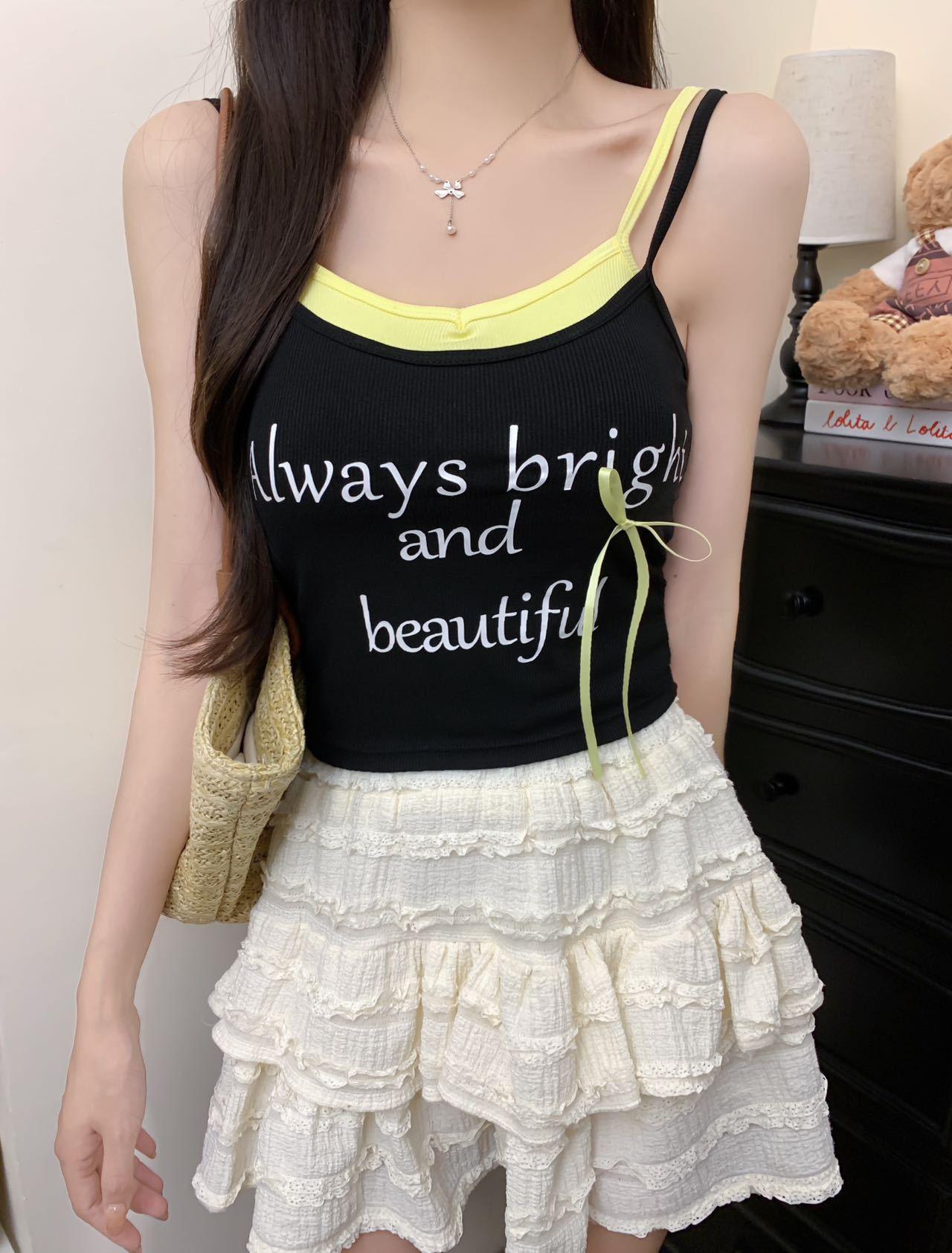 

Сладкий и пикантный жилет-майка с бантом: Женский летний топ 2024 с принтом букв One Size [Recommended 75-120 Jin]