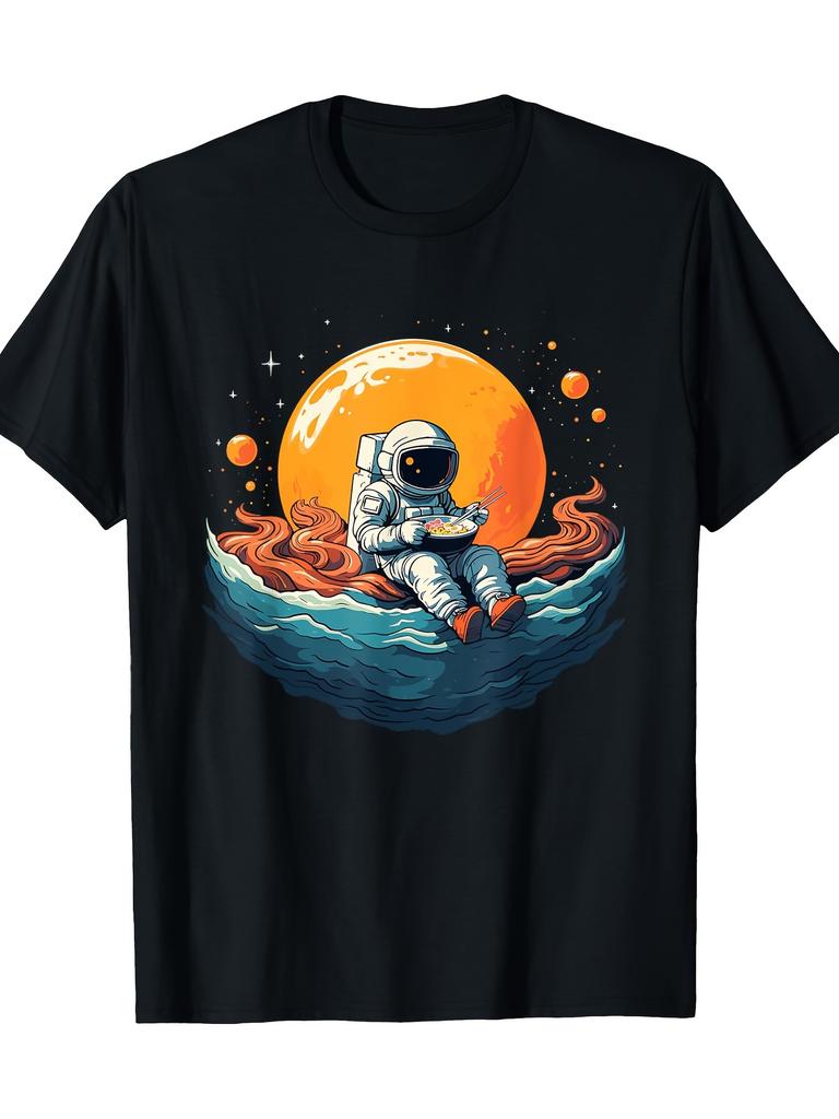 Astronaut Eating Ramen In Space Graphic Tee Funny Space Noodle Lover Casual Cotton TShirt