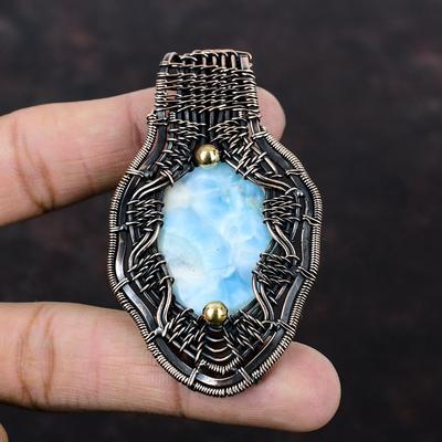 Larimar Pendant Copper Wire Wrapped Pendant Original Gemstone Jewelry Handmade Ethnic Pendant Copper Jewelry Birthstone Pendant Gift For Him