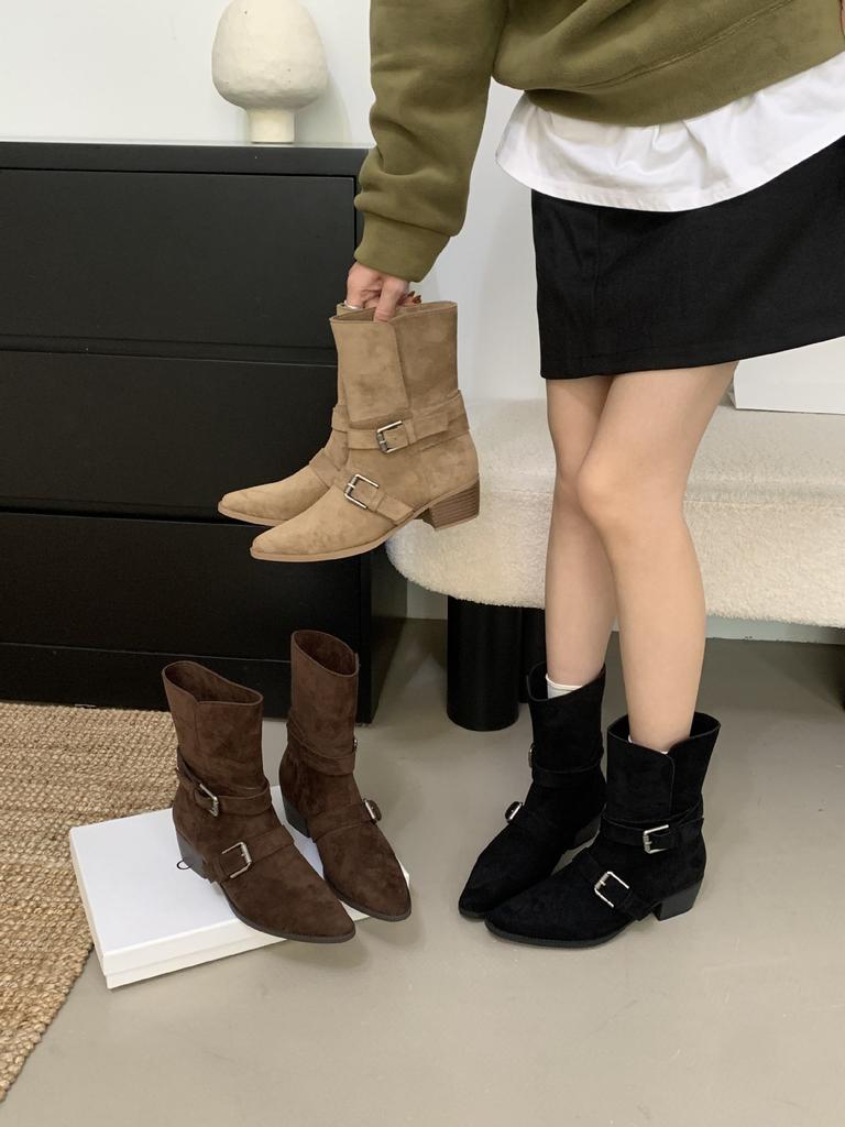 Korean Version Belt Buckle Thick Heel Folded Two Wear Short Boots Women's Autumn and Winter New Fashionable Temperament Denim Thin Short Boots