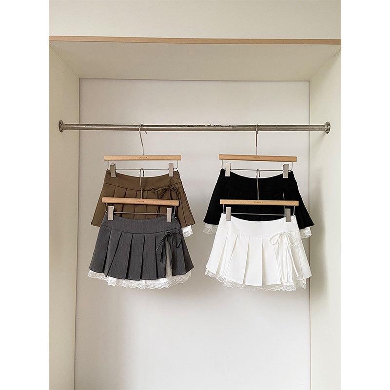 Pure Desire Women's Lace Patchwork A-line Pleated Skirt with Bow - New Autumn Collection, Hot Girl Style Short Skirt Pants