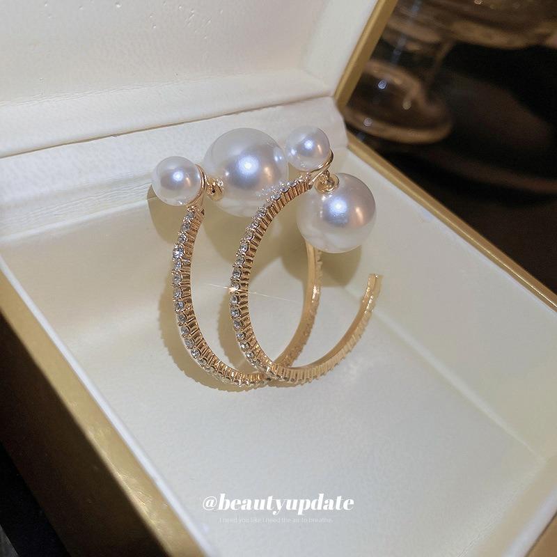 Silver Needle Geometric Pearl Diamond Earrings French ins Fashion Atmospheric Earrings Earrings Internet celebrity temperament earrings