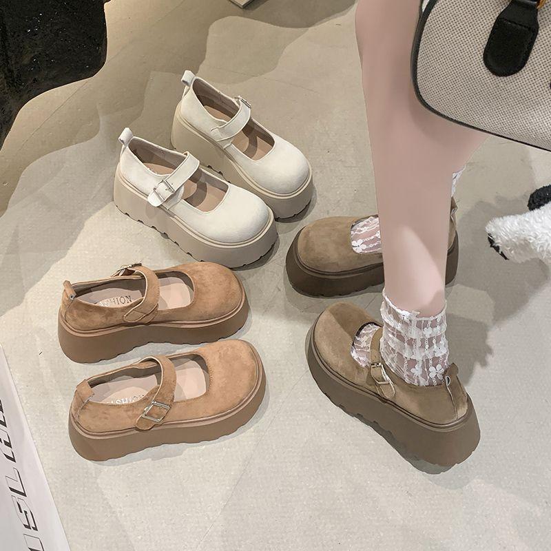 French versatile light mouth small leather shoes 2024 new spring and autumn white round head thick sole one pedal Mary Jane single shoes women