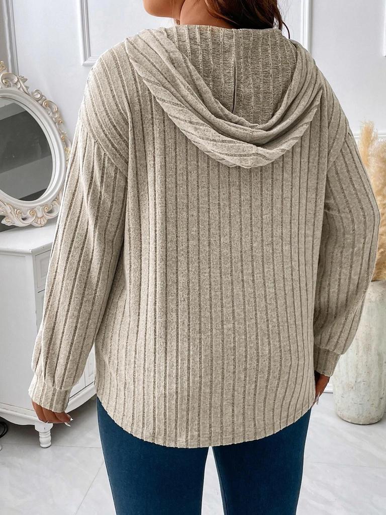 2025 Autumn/Winter V-Neck Plus Size Women's Hooded Ribbed Long Sleeve T-Shirt