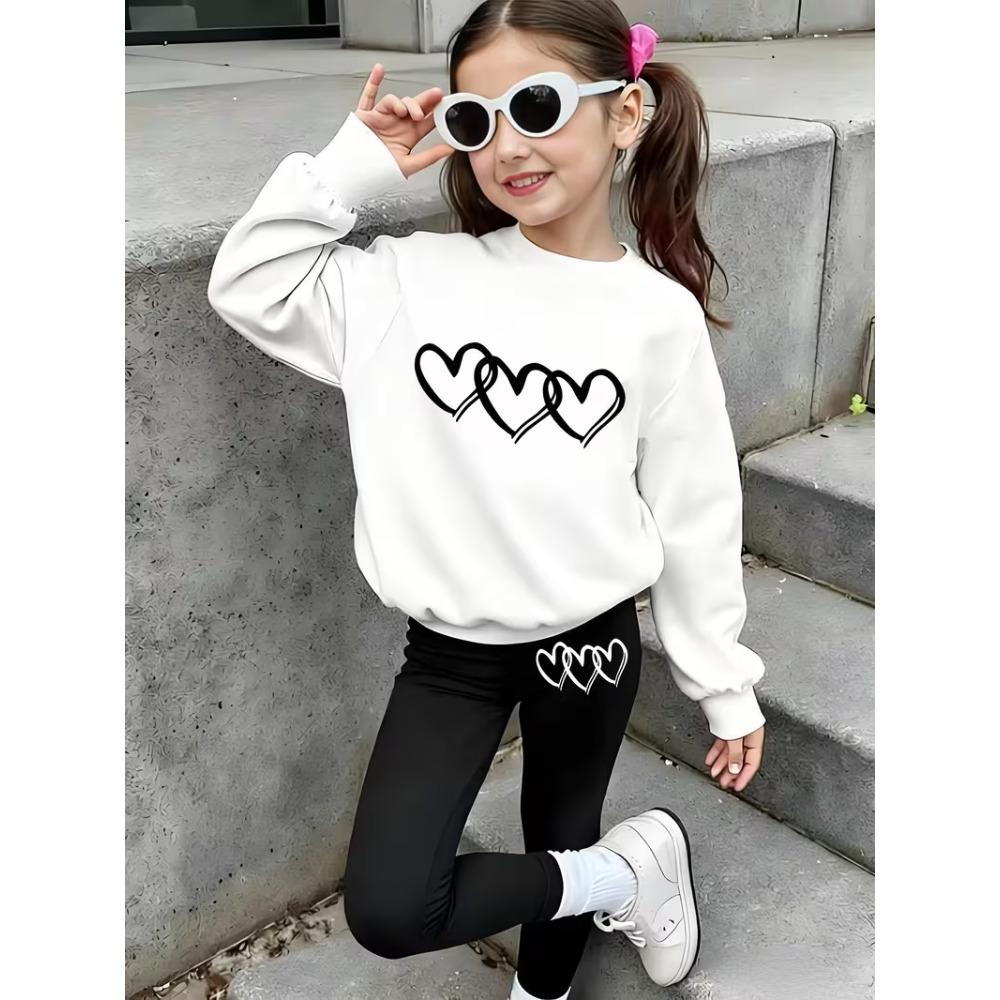 Girls' Triple Hearts Casual Comfortable Soft Loose Pullover Sweatshirt and Leggings 2-Piece Set, New Autumn/Winter, Playful, Sweet and Cool Style