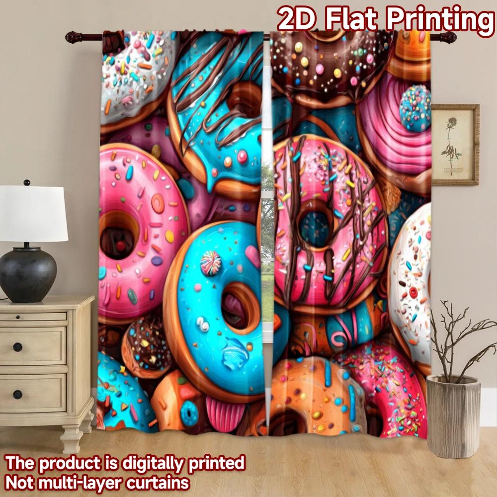 2D Flat Printing 2pcs Scene Curtains Donuts Colorful Sweet Frosting Digital Printed Polyester Drapes Festive Curtains Use for