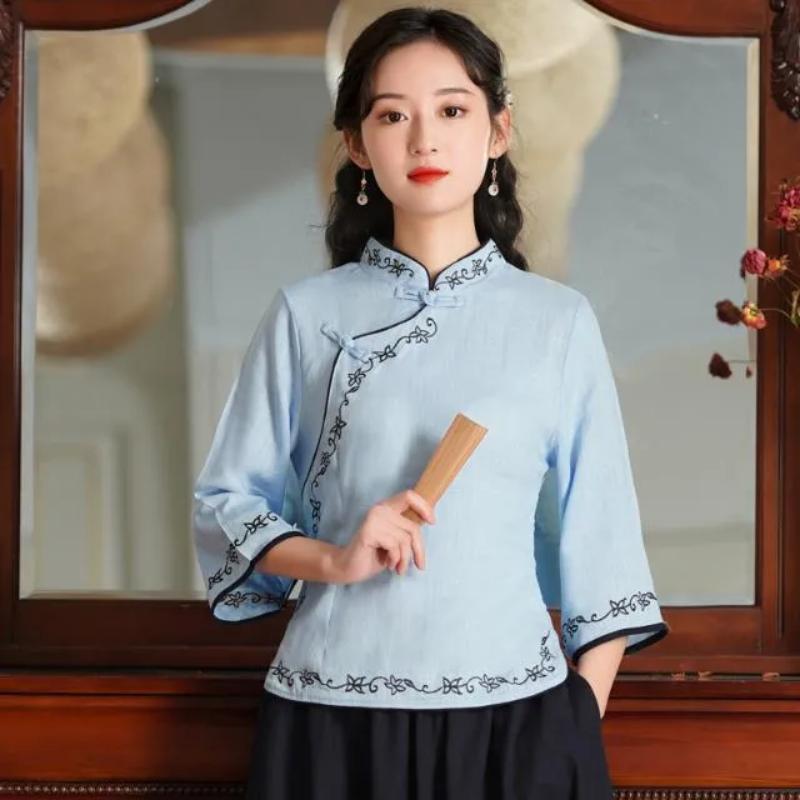 Women's Light Blue Linen Blouse 3/4 Sleeve Manin Collar Chinese Style Embroidered Top