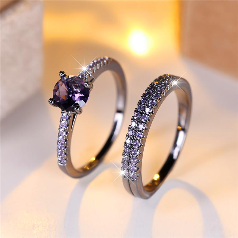 

Female Crystal Blue Zircon Stone Heart Engagement Ring Set Luxury Black Gold Color Wedding Jewelry For Women 6 фиолетовый