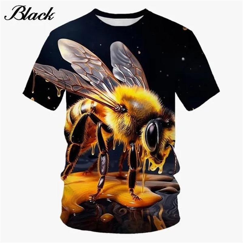 Summer Round Neck 3D Honeybee Pattern Print Top Fashionable Casual Short Sleeved Men's T-shirts