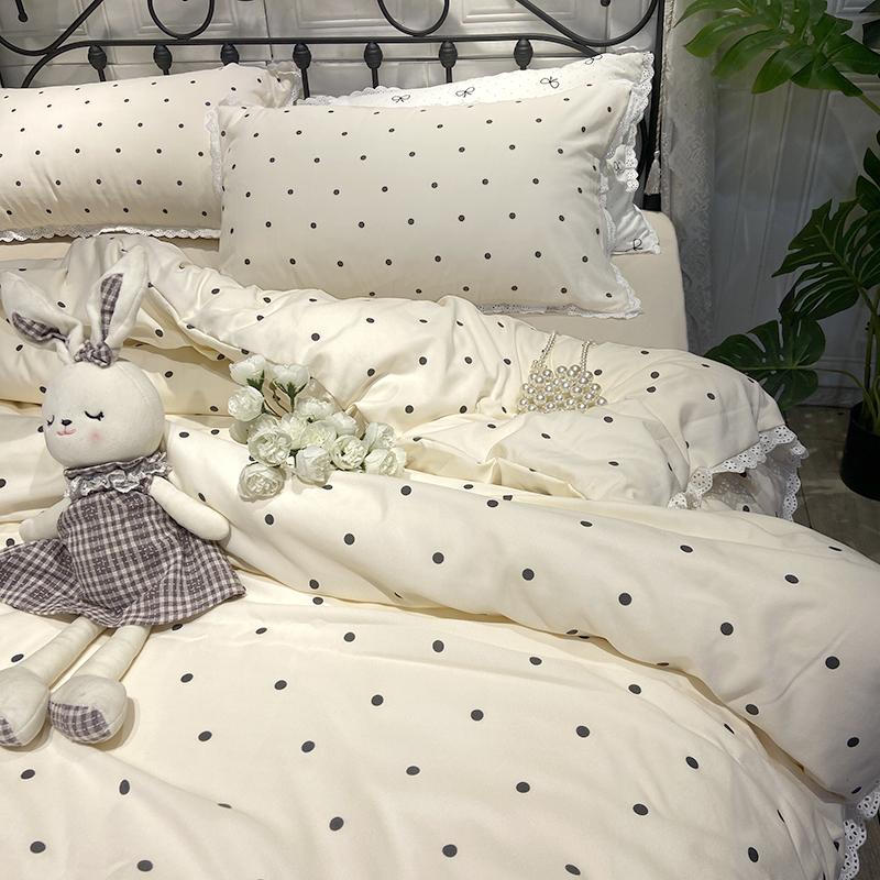 

Ins Polka Dots Bedding Set Simple Print Duvet Cover Set With Pillowcases Flat Fitted Sheet Washed Cotton Skin Friendly For Adult 1.2m 3pcs flat жовтий