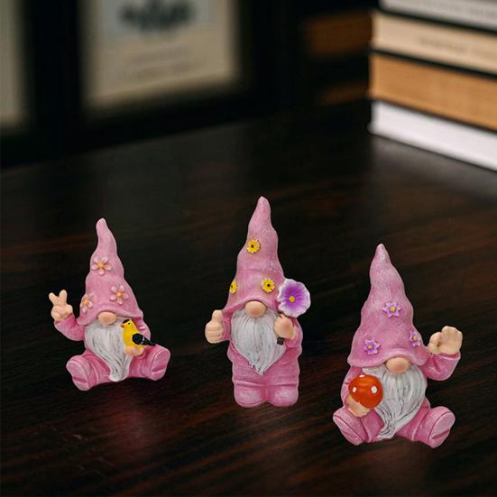 3 Pcs/Set Flower Gnome Figurines Collectible Dwarf Wearing Floral Hat Ornaments Desktop Gnome Statues for Home Cabinet Shelf Decorations