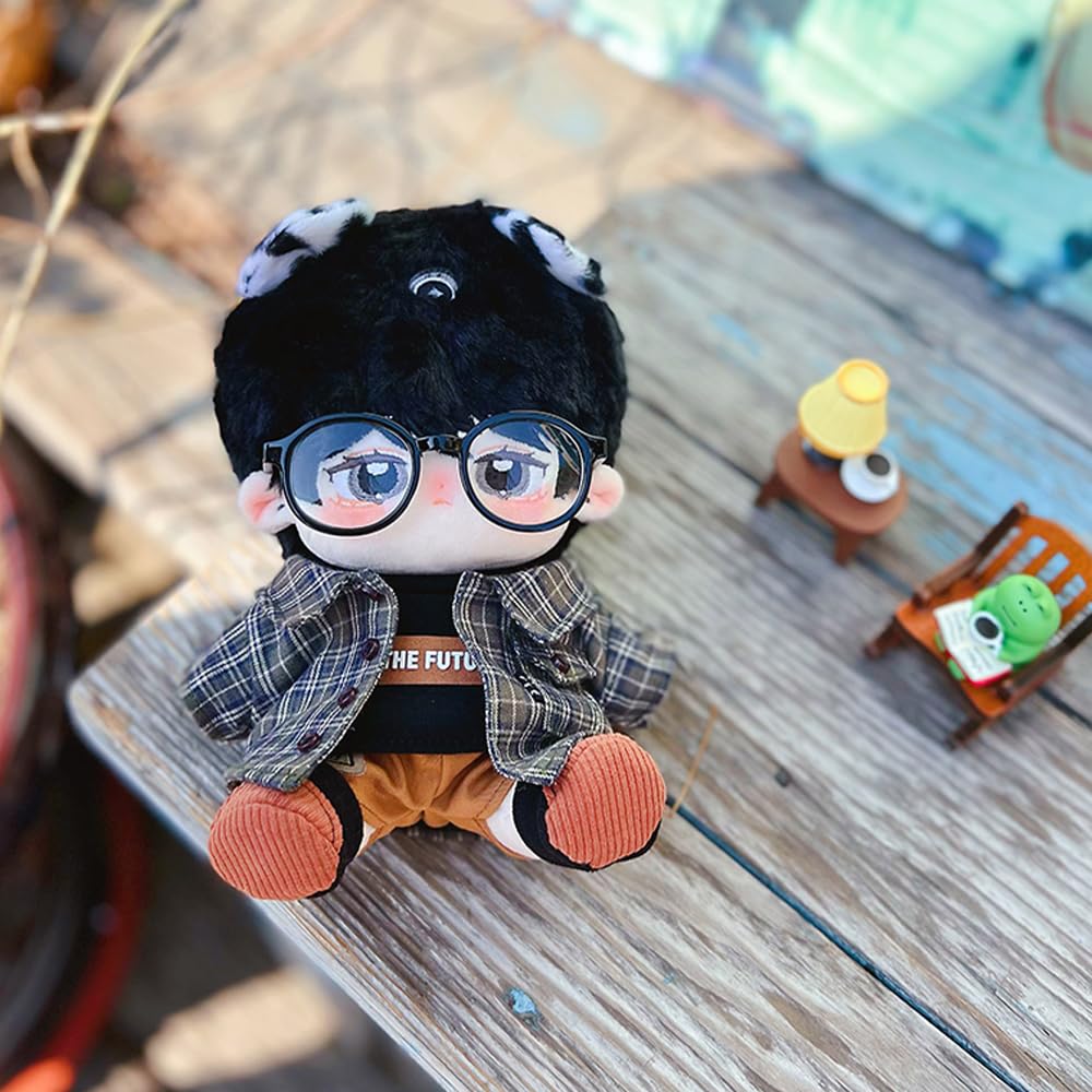 Niannyyhouse 20cm Plush Clothes Mori Dress Set Checkered Tops T-shirt Shorts Glasses Shoes Dress Up Cotton Doll Clothes (20cm)