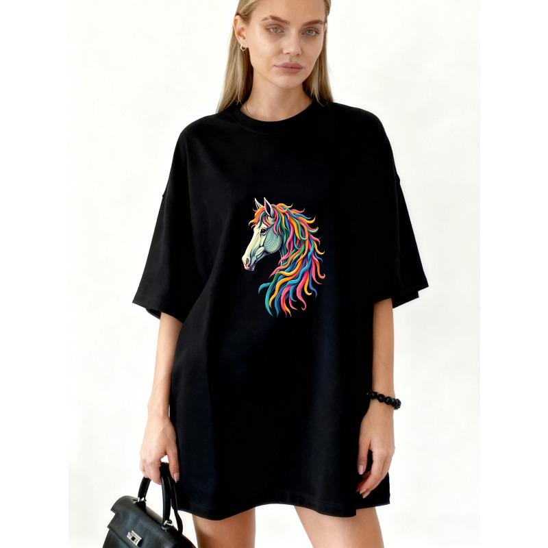 Oversized T Shirt Black Rainbow Horse Print Casual Wear For Women Fashion Statement Piece Street Style Outfit Summer Top Graphic Tee