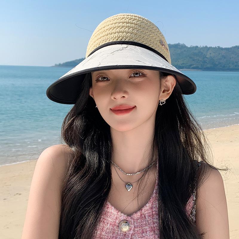 Summer new hat women's sunshade sunscreen empty top hat fashion knitted big brim summer outdoor sports sun hat