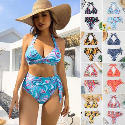2024 Neuer Badeanzug für Damen, mehrfarbiger Druck, Bikini, hohe Taille, geteilte Taille, Krawatte, sexy, hängender Hals, Bikini, Schulbadeanzug