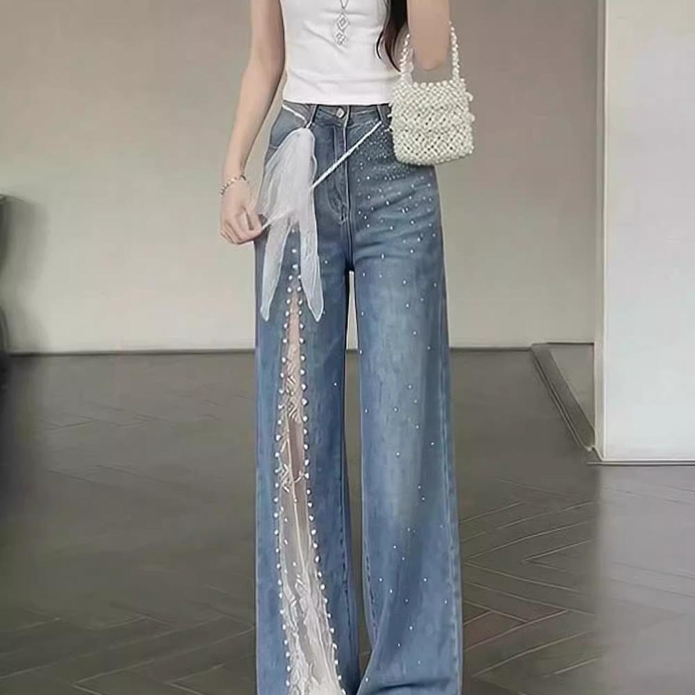 Women's High Waist Wide Leg Jeans Lace Patchwork Rhinestone Decor Loose Denim Pants