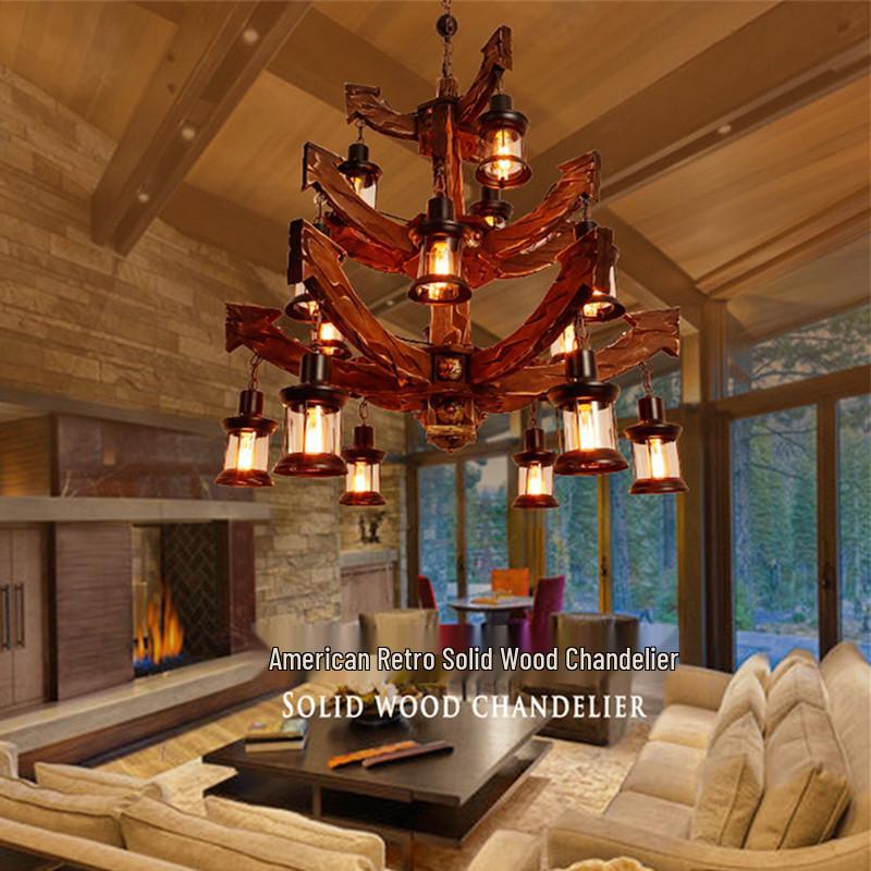 Vintage Industrial Wood Chandelier for Restaurants & Cafes