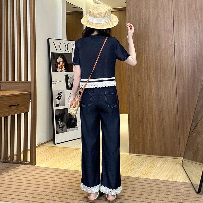 Women's Korean Lace Patchwork High-Waisted Wide-Leg Jeans, Petite Plus Size, Stylish Summer 2026