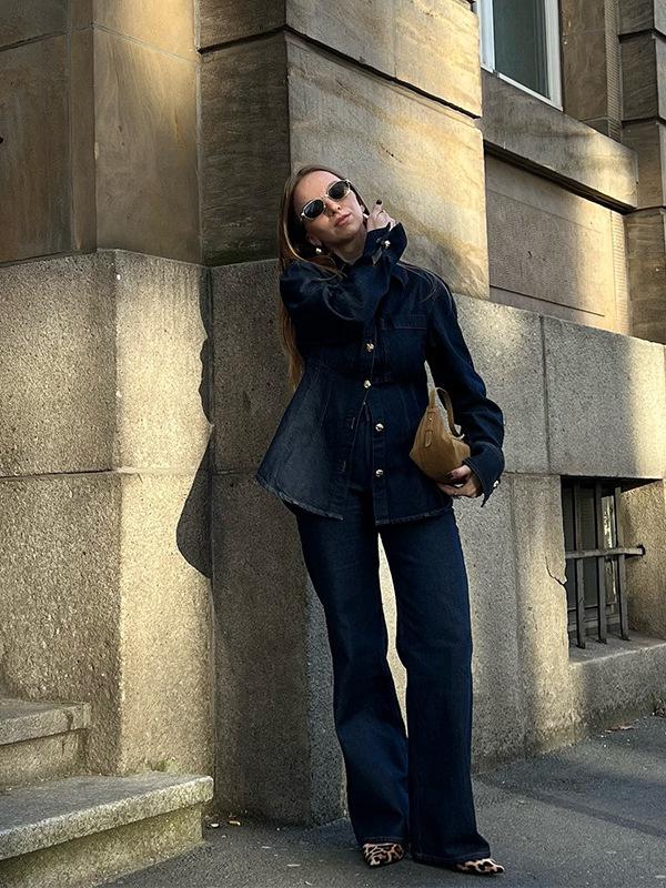 Spring 2025 Euro-American Style Women's Denim Shirt and Pants Set with Lapel Design