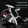 Zweihand-Spinrolle für das Felsenangeln mit Metallfußsitz und Gleitposenköder, Ideal für Meeresrute und Weitwurf.