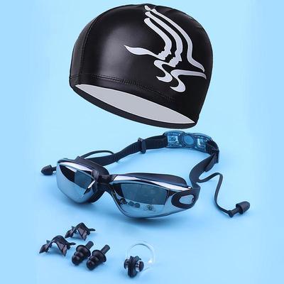 Unisex Anti-Fog Swimming Goggles with Electroplating + Silicone Nose Clip & Earplugs + PU Swim Cap Set 7001