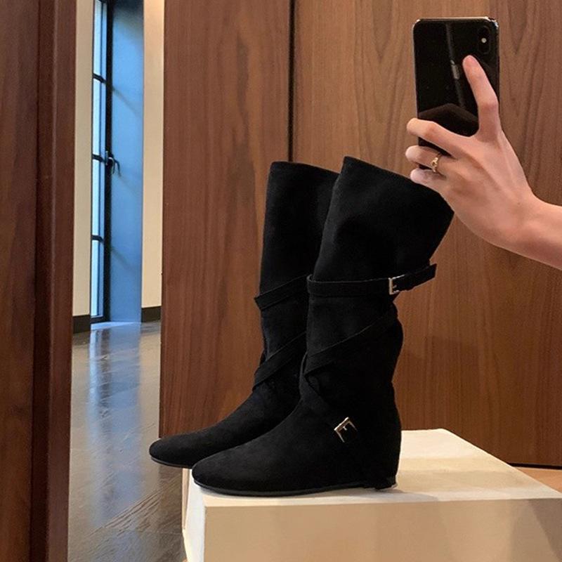 Inner Heightening Boots Women's 2025 New Autumn Retro Versatile Stacking Boots Belt Buckle Slim Tall Knight Boots