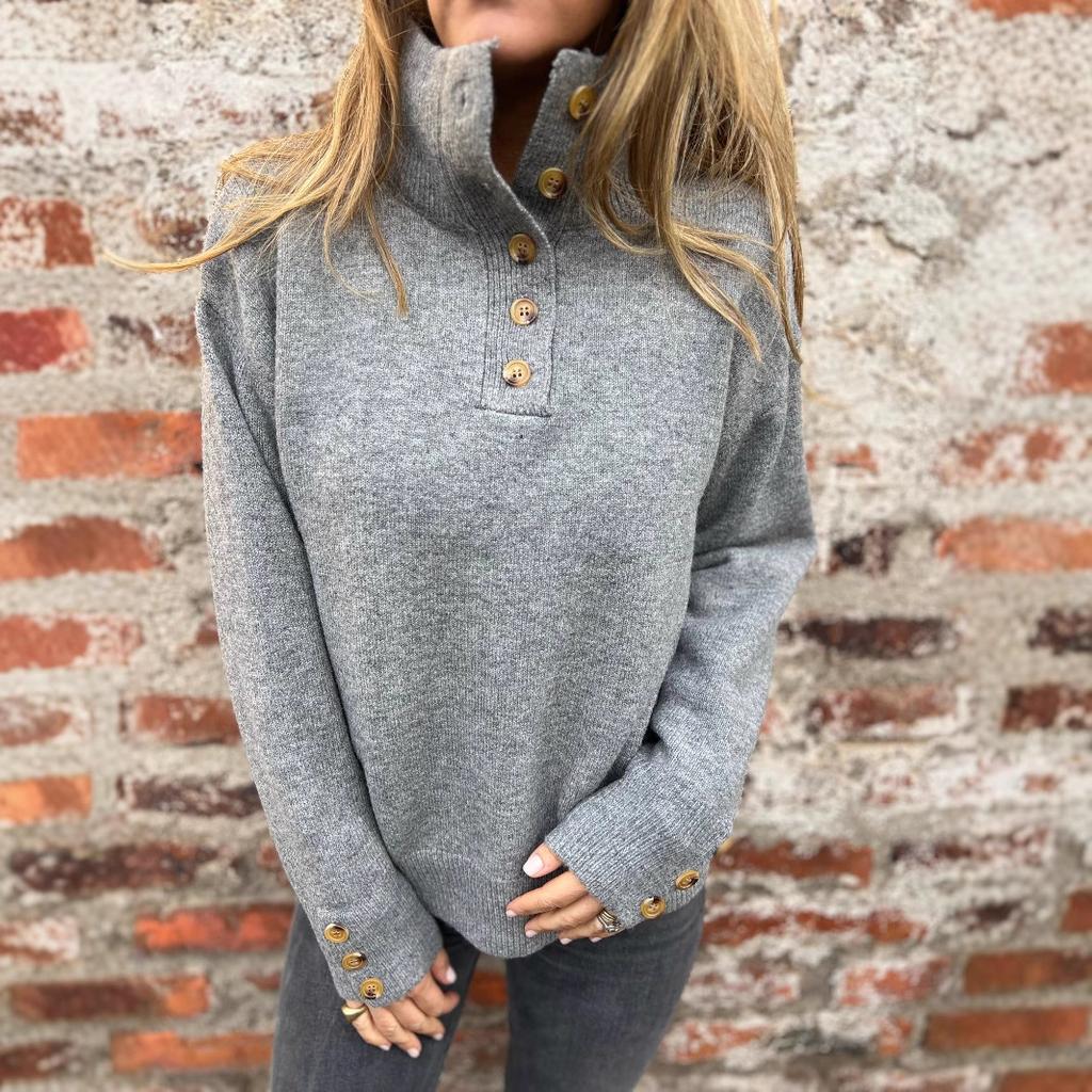 Autumn and Winter Stand Up Knitted Sweaters Solid Color Button Casual Loose Women's Sweaters