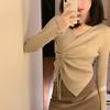 Autumn Casual V-neck Drawstring Pullover Knitted Sweater Women Fashion Slim Fit Knitwears Tops Solid Long Sleeve Thin Irregular Base Sweaters 31064