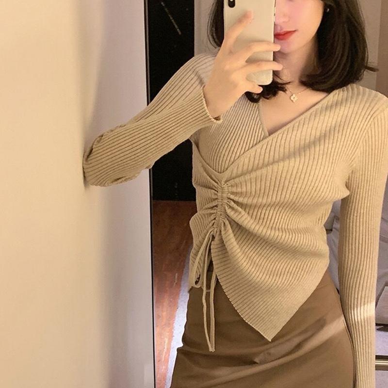 Autumn Casual V-neck Drawstring Pullover Knitted Sweater Women Fashion Slim Fit Knitwears Tops Solid Long Sleeve Thin Irregular Base Sweaters 31064