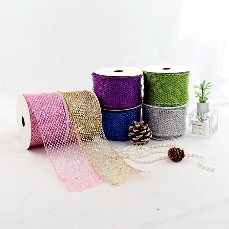 Stock Floral Polyester Mesh Ribbon in Pink Purple Blue Silver with Glitter for DIY Bows Gift Wrapping Christmas Tree Decorations