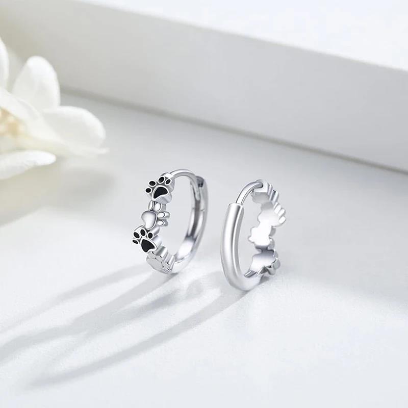 Huitan Dainty Pet's Paw Hoop Earrings for Women Black Footprints Design Small Circle Earrings Exquisite Female Jewelry