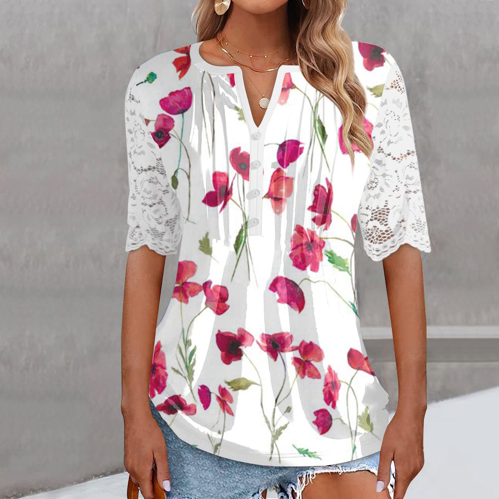 

Summer Women Lace Ruffle Short Sleeve T-Shirt Top Casual Fashion Floral Print Tunic T-Shirt V Neck Comfortable Shirt Button Down Shirt Top XL червоний