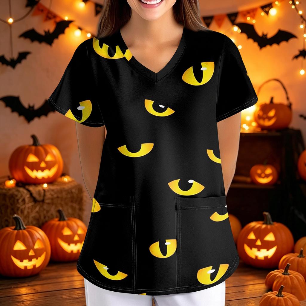 Women Halloween Print Loose V Neck Short Sleeve Medical Scrub Top with Pockets Nurse Uniform Work Shirt for Healthcare Professionals