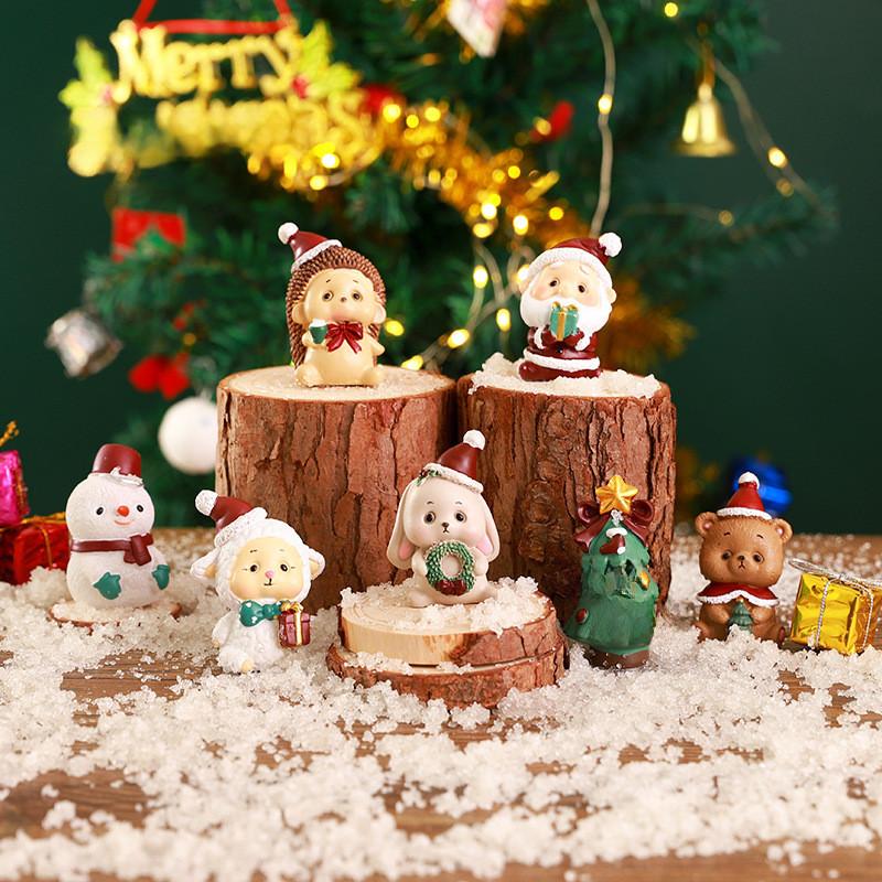 Animal Christmas Resin Figurine Set Santa Claus Tree Decor Kids Gift Birthday