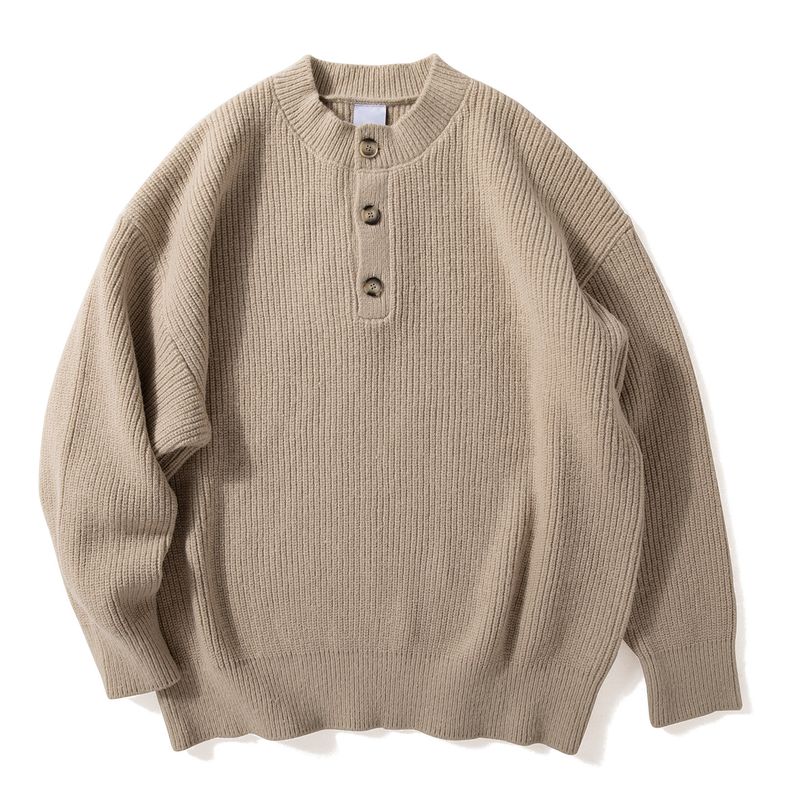 Heavyweight Thick American Retro Henley Collar Thick Knit Sweater for Men, Japanese Style Loose and Relaxed Sweater Jacket