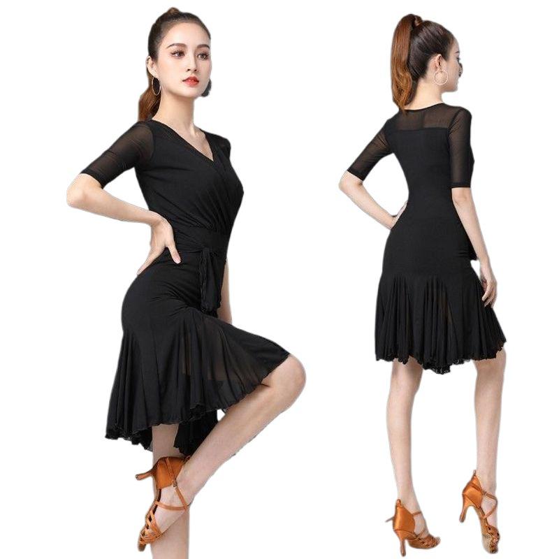 Vestido de Práctica Latino de Baile de Salón Delgado de Manga Corta para Mujer