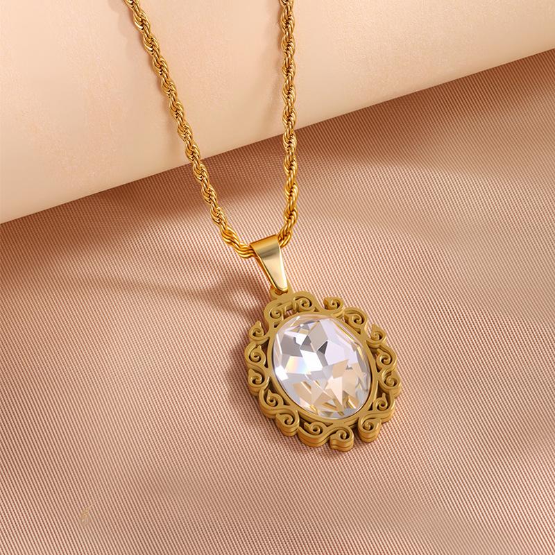 European & American Fashion Exquisite Titanium Steel Necklace with Colorful Zircon & Geometric Pendant for Women