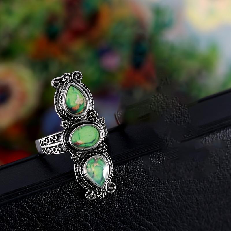 Vintage Bohemian Blue Jade Ring, Alloy, with Blue Jade Plaque, Suitable for Women and Men