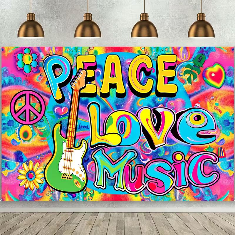 Retro Hippie Peace Sign & Guitar Tapestry, Vibrant Psychedelic Wall Art for Home & Party