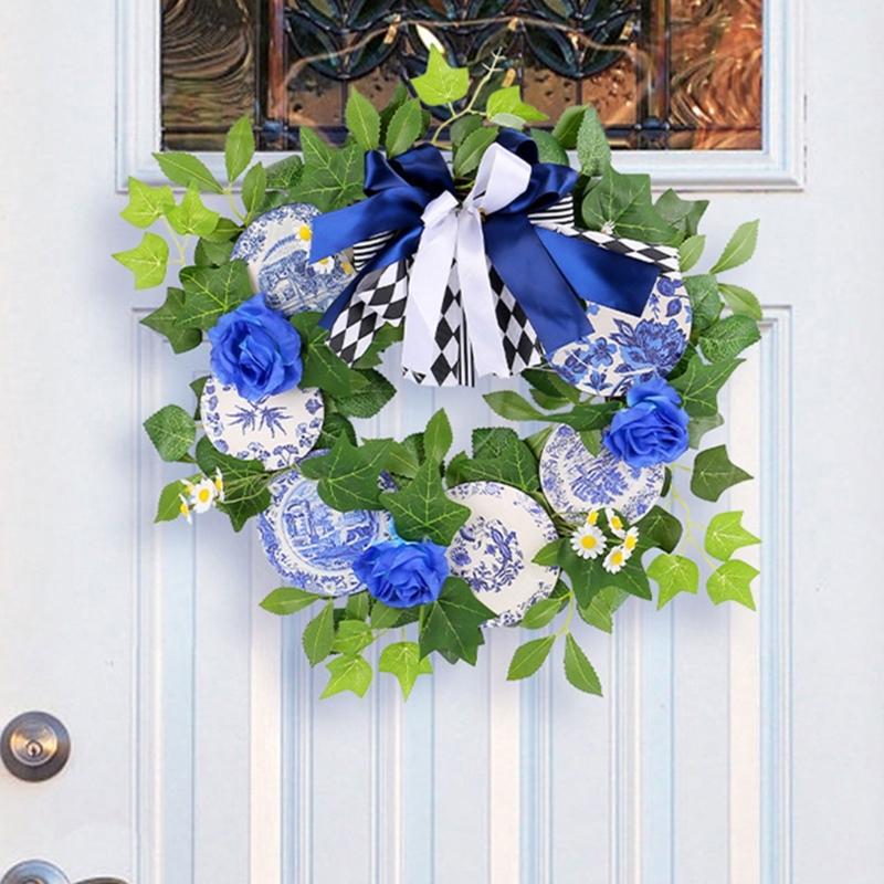 Wooden Plaques Blue and White Porcelain Pattern Wreath Outdoor Courtyard Party Decorations Garlands for Wall Door Window