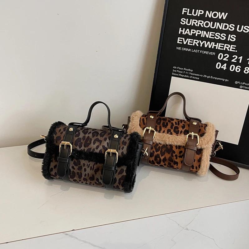 Exquisite Faux Leopard Suede Boston Shoulder Bags High Quality Sense of Luxury Designer New Style Bags