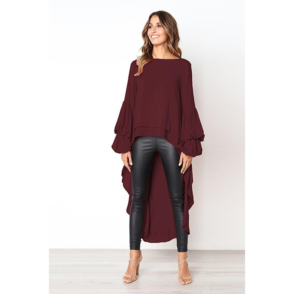 Women's Fashion Long Sleeved Irregular Chiffon Shirt Round Neck Trumpet Sleeves Shirt Solid Color Loose Office Blouse Elegant Blouse