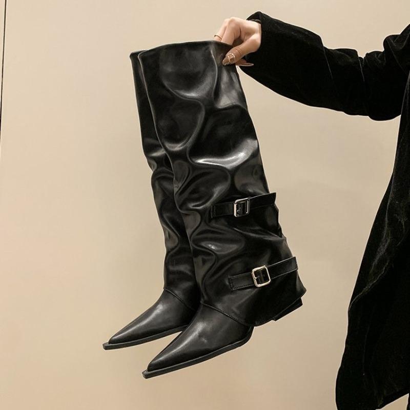Modne kozaki za kolano na grubym obcasie Kobiety Europejskie i Amerykańskie Gorące Dziewczyny Szpiczasty Nosek Czarne Kozaki za Kolano